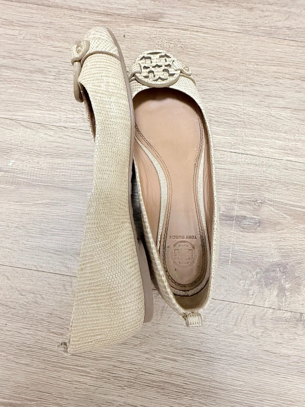 Tory Burch Neutral Beige Woven Logo Ballet Flats